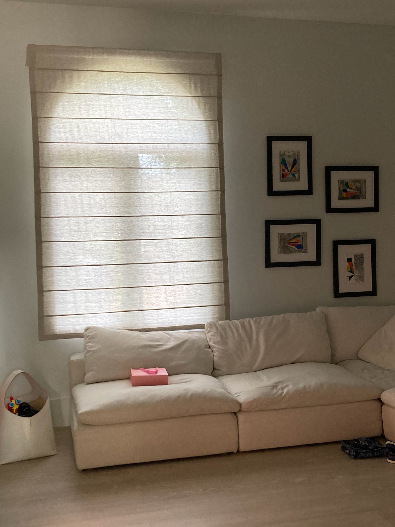 Custom Roman shade in a residential living room